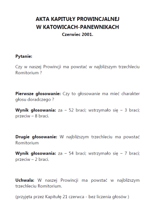 Dokument "Akta Kapituły Prowincjalnej w Katowicach-Panewnikach, Czerwiec 2001"