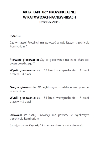 Dokument "Akta Kapituły Prowincjalnej w Katowicach-Panewnikach, Czerwiec 2001"